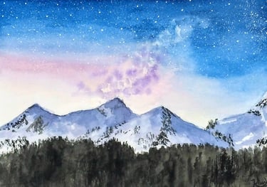 watercolor painting of sunset sky, stars and mountains