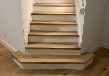 stair case renovation ,square stair nose with white stair risers.