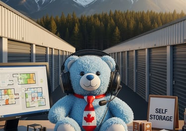 Bear with a headset in self-storage facility