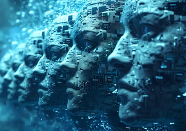 Mirrored human faces representing recurring patterns of existence.