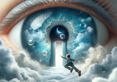 Boy flying toward a cosmic eye symbolising consciousness and the universe.