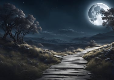 Moonlit path splitting into two directions symbolising choices in dreams and different paths of consciousness