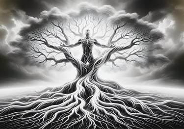life emerging from darkness, symbolising awareness arising from emptiness and branching into matter 