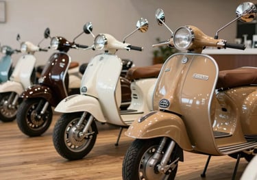 A wide shot of several restored Lambrettas in different classic colors (tan, cream, and dark brown) lined up in a clean, sophisticated showroom with wooden floors. The lighting is soft and inviting, suitable for a high-end sales environment.