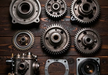 A top-down photographic arrangement of authentic, vintage Lambretta engine parts, including gears, a carburetor, and gaskets, laid out on a dark wooden surface. The lighting is moody and dramatic, focusing on the mechanical craftsmanship. Dark brown and tan color palette.