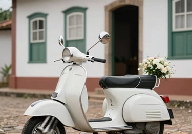 A white Lambretta decorated with simple floral arrangements, parked in front of a colonial-style Brazilian building. The scene captures a nostalgic wedding setting, with soft lighting and a focus on the scooter as a vintage prop.
