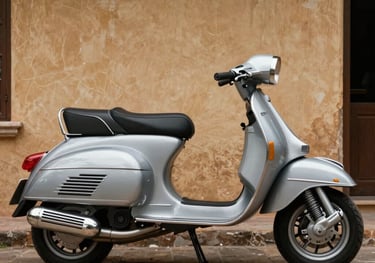 A side profile shot of a silver Lambretta LI Series 2, showcasing its long, elegant body and chrome exhaust. The scooter stands against a textured tan wall in a South American villa courtyard. High contrast photography that emphasizes the metallic textures and vintage curves.