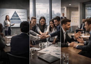 Business professionals in a corporate training session on teamwork, trust, and conflict resolution