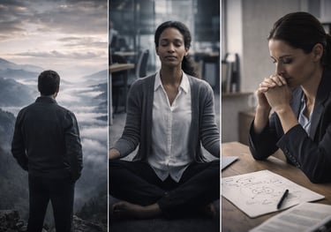 Personal growth program showing self-awareness, mindfulness, and reflective leadership in a professional setting