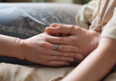 Close-up of two people holding hands for support, showing empathy, comfort, and care.