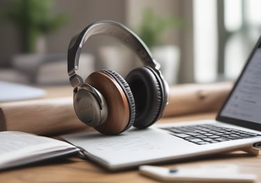 Professional over-ear wood finish headphones resting on a laptop at a modern workspace desk.