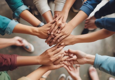 Diverse team of people putting their hands together in a circle for unity and community support.