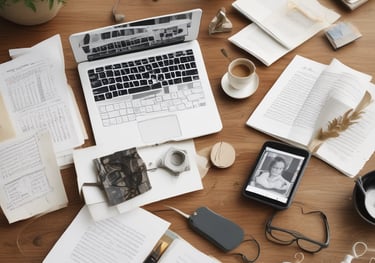 A cluttered wooden workspace with a white laptop, open books, and scattered documents.