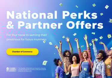 Group celebrates under floating dollar bills; ad promotes national perks and partner offers.