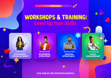 Workshops & Training promo with four topics: economic, business, digital, and civic strategy.