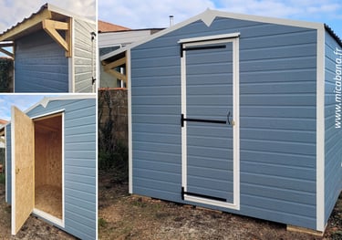 abri de jardin, plancher inclus, en bardage fibre de bois coloré et parois intérieur en OSB3, toiture bac acier