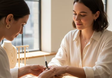 a woman in a white shirt and a woman in a white shirt applying permanent jewelry bracelet 