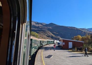Flåm Railway train passing through a scenic Norwegian valley with people walking nearby