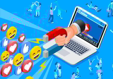 Uma mão saindo de uma tela e atraindo curtidas e sorrisos com um imã