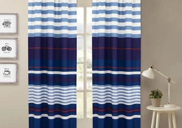a curtain with a blue and white striped curtain