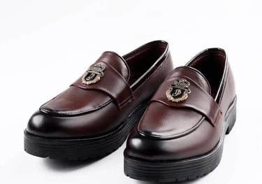 a pair of shoes with a horse head on it