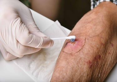 A nurse using a cotton swab to apply ointment to a chronic skin ulcer on an elderly patient's arm.