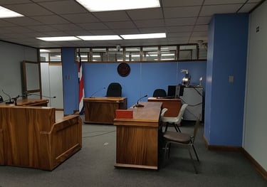 a courtroom scene with a judge's office desk and a judge's office