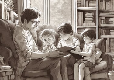 a man and two children sitting on a couch