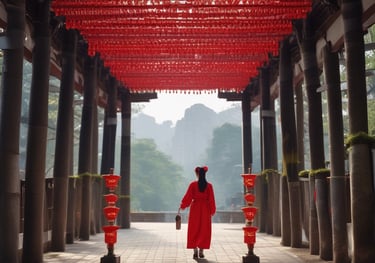 a man in a red robe walking through a large building