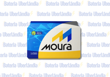 Bateria Moura azul e amarela, com selo "Peça Original das Montadoras", sob fundo "Bateria Uberlândia