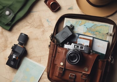 a camera and a hat on a map