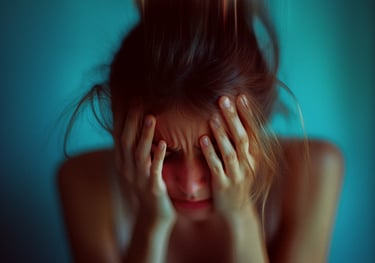 Blurred image of person holding head in pain symbolizing migraine