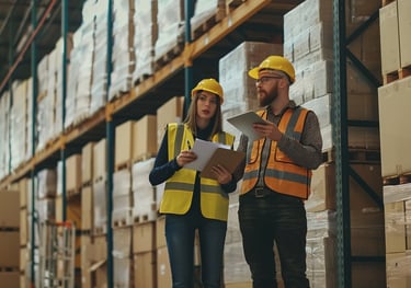 Trabajadores en un almacén como servicios de logística enfocados a el seguro de mercancías