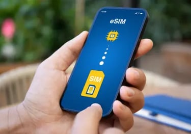 Hand holding a smartphone displaying an eSIM digital card activation graphic for mobile cellular service.