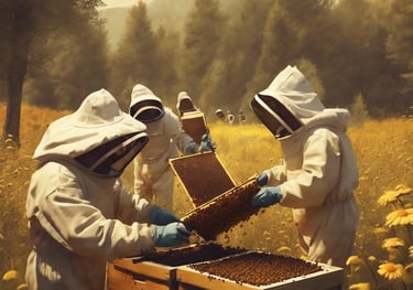 a group of beekeepers in bee suits and beehive
