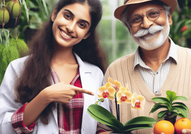 a botanist showing orchids and fruits a farmer grew