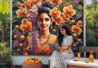 girl with ipad has a backgroud mural with orchids