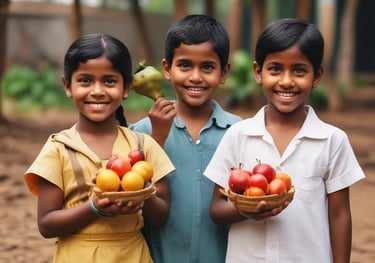 a happy family posing with orchids and fruits