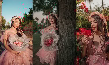 a woman in a pink dress and a flower crown princess