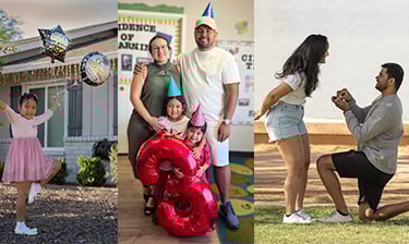 a family posing, a couple proposing
