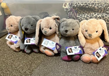 Stuffed bunnies with donation tag