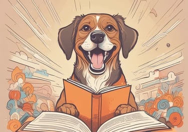 a dog is sitting on a table with a book