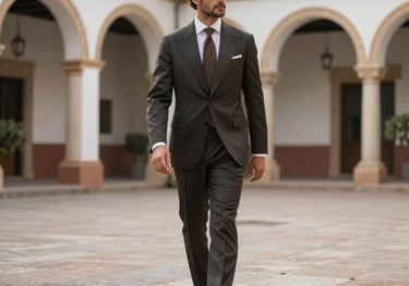 A man in a traditional morning suit walking in a historic Spanish courtyard, soft natural morning light, European / Spanish tailoring.