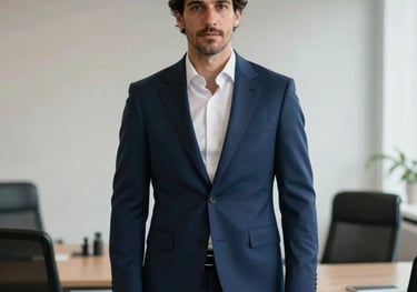 Full portrait of a man in a navy blue tailored executive suit, standing in a minimalist office in Madrid, soft natural light, European / Spanish.