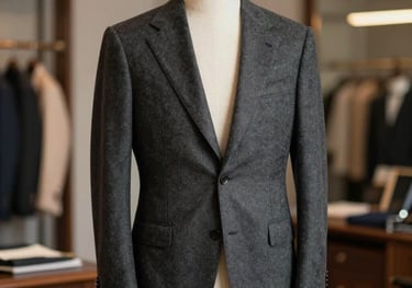 Medium shot of a charcoal grey oxford textured suit jacket on a wooden mannequin, soft side lighting, elegant atelier background, European / Spanish.