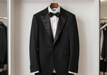 Cinematic shot of a classic black tuxedo with silk lapels, hanging in a bright dressing room with minimalist white walls, European / Spanish style.