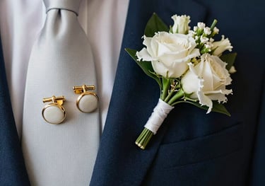 Close-up of elegant wedding accessories: a silk tie, gold cufflinks, and a boutonniere on a tailored navy suit jacket, European / Spanish.