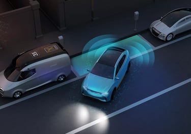 Car using reversing camera and parking sensors with visual radar detection lines.