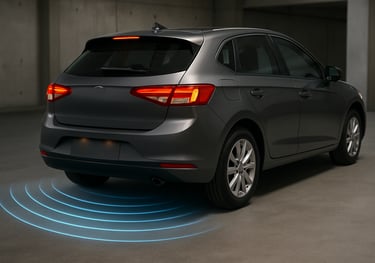 Rear parking sensors detecting obstacle behind silver hatchback car during reverse.