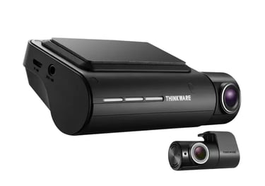 Thinkware Q850 front and rear dash cam system showing compact design and dual camera setup.